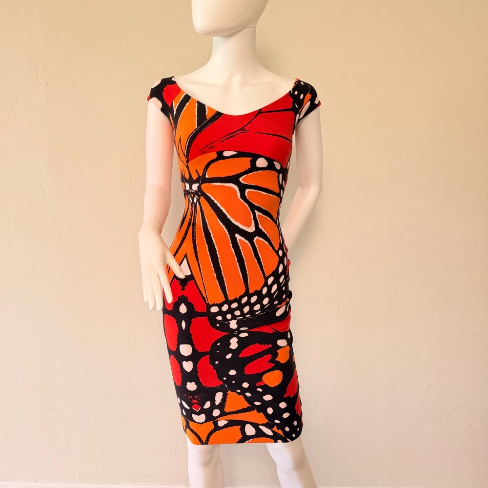 Chiara Boni Le Petite Robe Butterfly Print Sheath Dress Orange Red 36 Italy Made